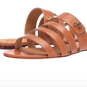 Tory Burch Womens Kira Multi band Leather Logo Flats  Slide sandal shoes 7